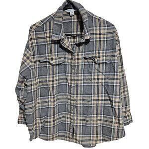 Old Navy The Boyfriend Shirt Womens Size XL Petite Plaid Grey Beige Flannel